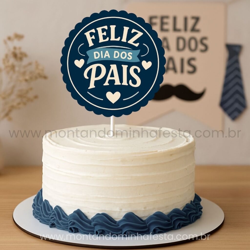 Topo de bolo com a frase “Feliz Dia dos Pais”, design clássico em azul e branco.