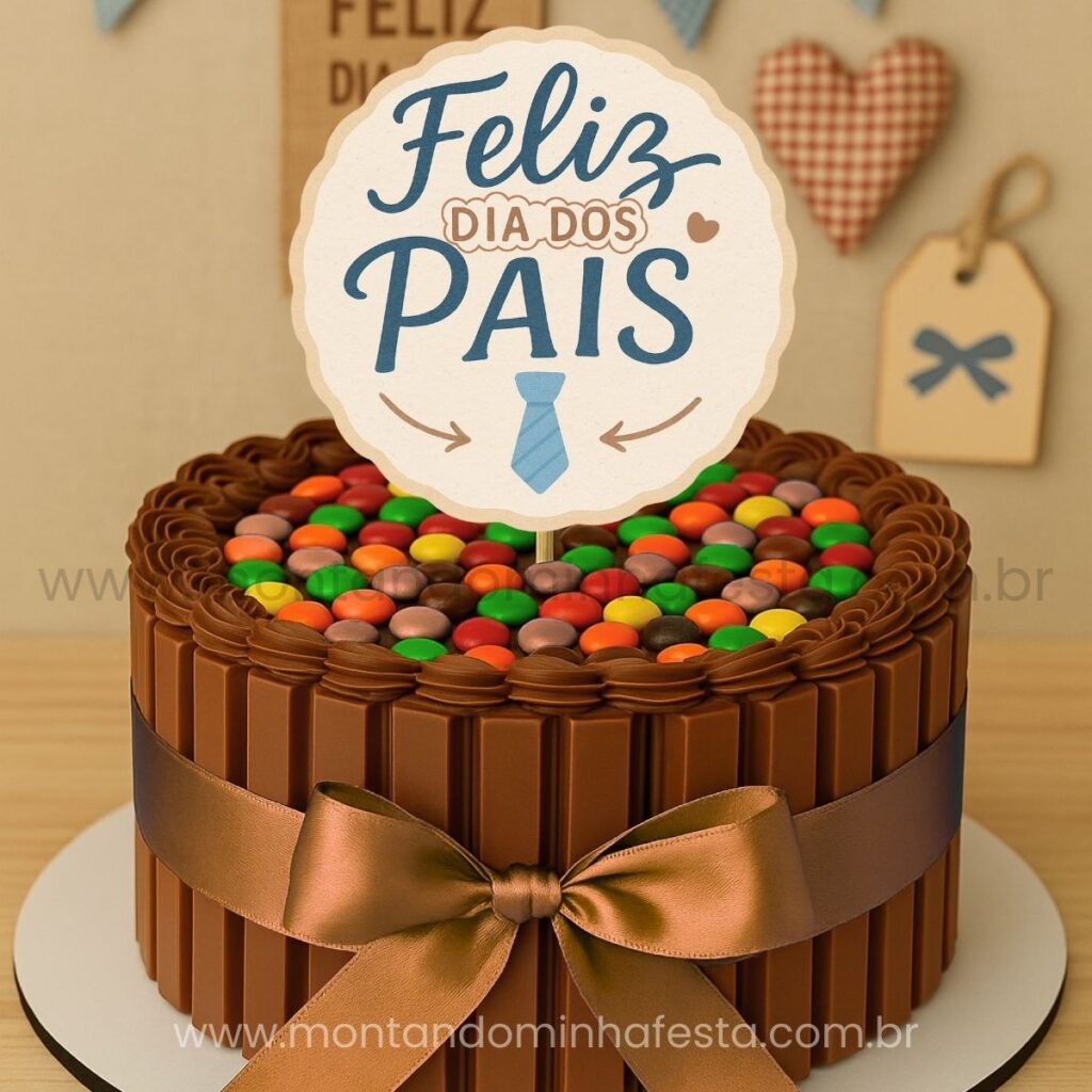 Modelo de topo de bolo com a frase “Feliz Dia dos Pais” em estilo moderno e fundo azul e marrom.
