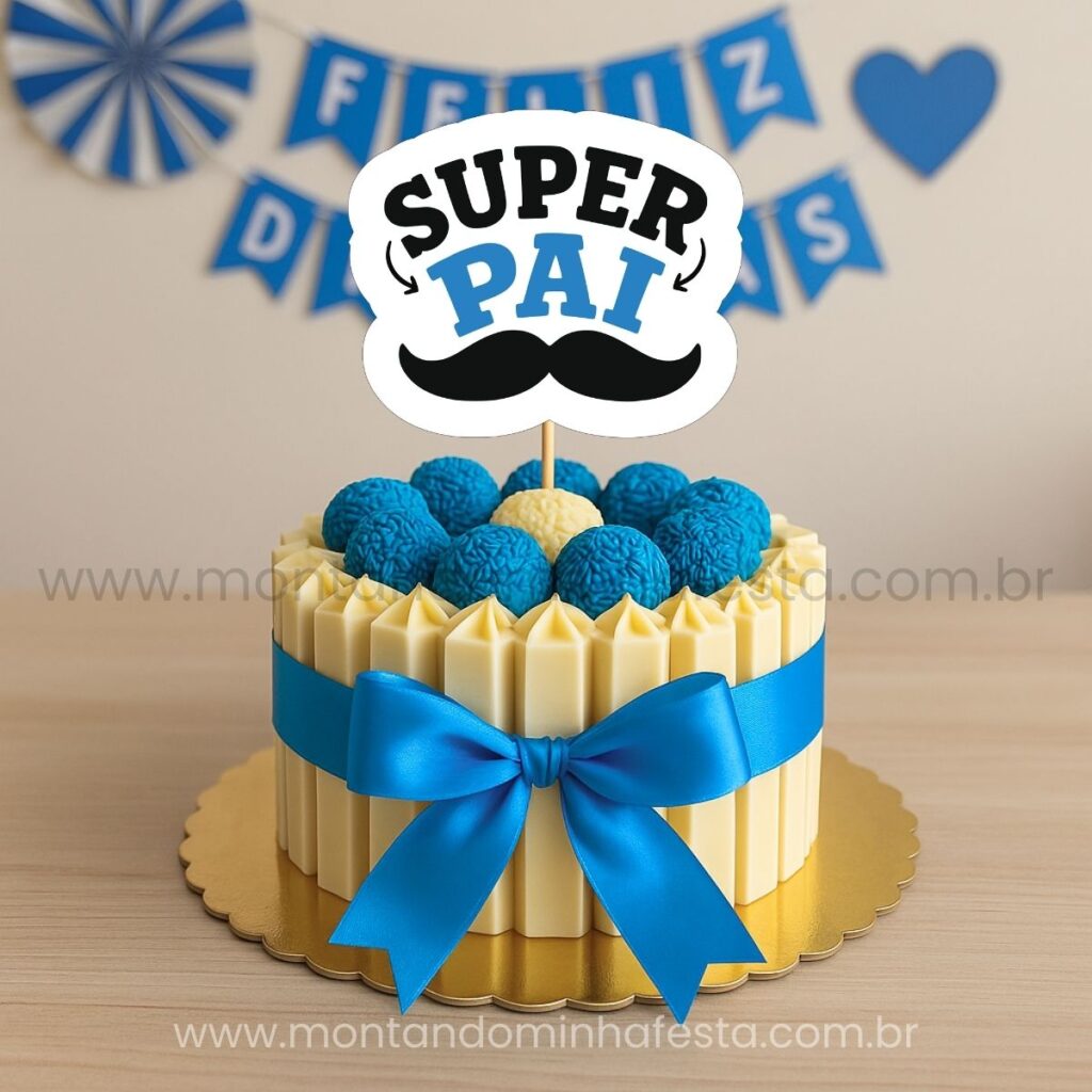 Bolo decorado para o Dia dos Pais com topo e frase Super pai, pronto para imprimir.