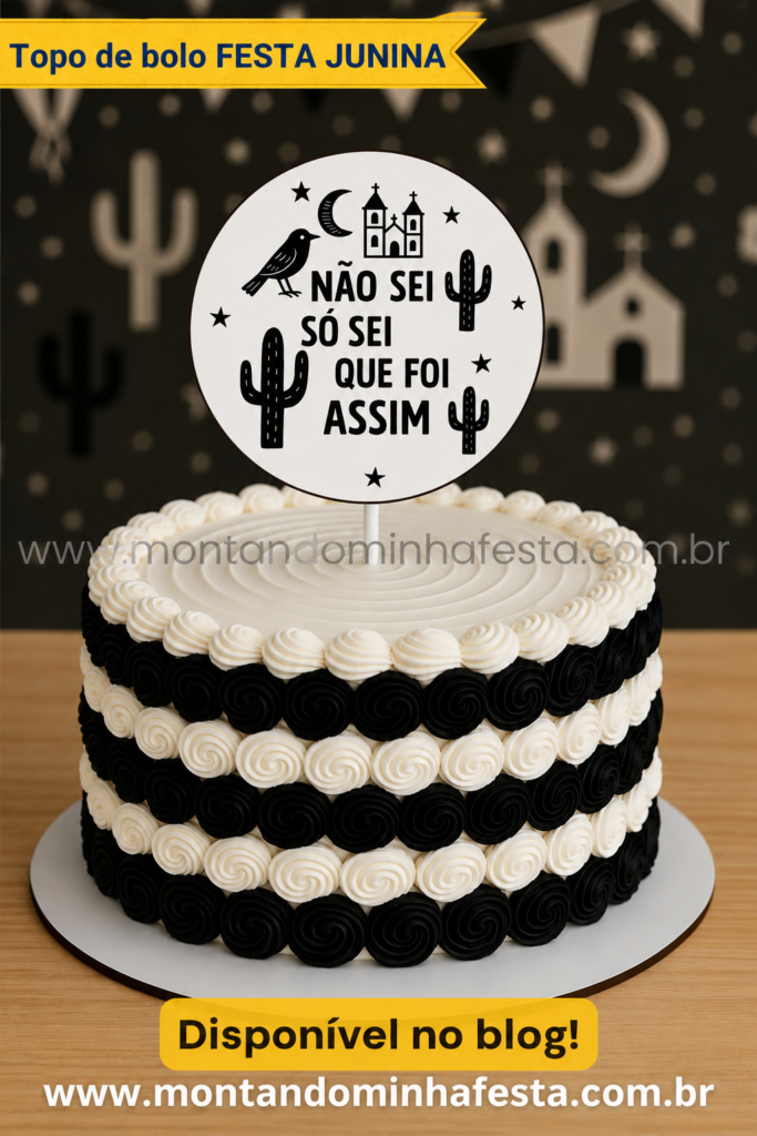 Topo de bolo Festa Junina disponível no blog Montando Minha Festa com frase “Não sei só sei que foi assim”, decoração preto e branco, cactos, igreja, lua e bolo decorado com rosetas em cenário junino.
