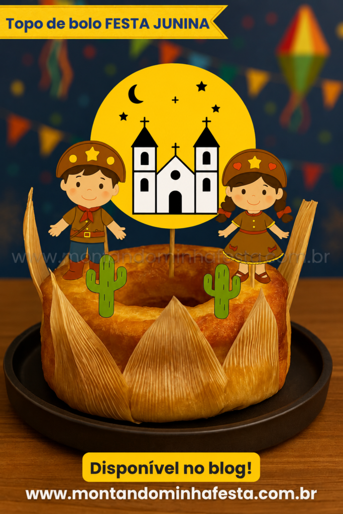 Topo de bolo Festa Junina disponível no blog Montando Minha Festa com casal caipira, igreja, lua, estrelas e cactos em bolo simples decorado com palha de milho em cenário junino colorido.
