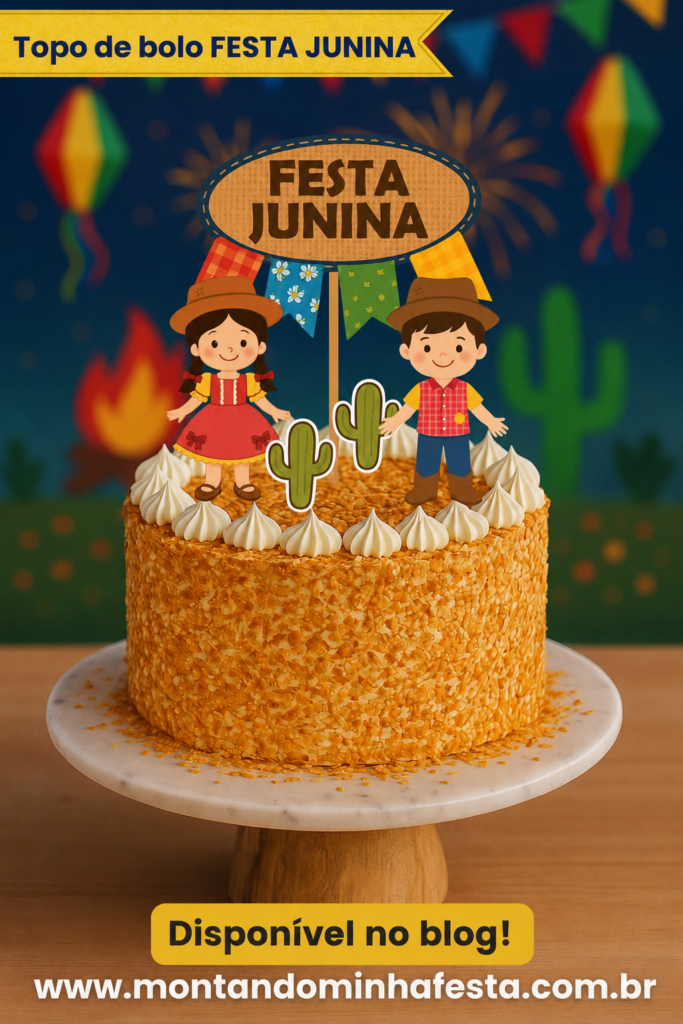 Topo de bolo Festa Junina disponível no blog Montando Minha Festa com casal caipira, cactos, bandeirinhas e bolo decorado em cenário junino colorido.