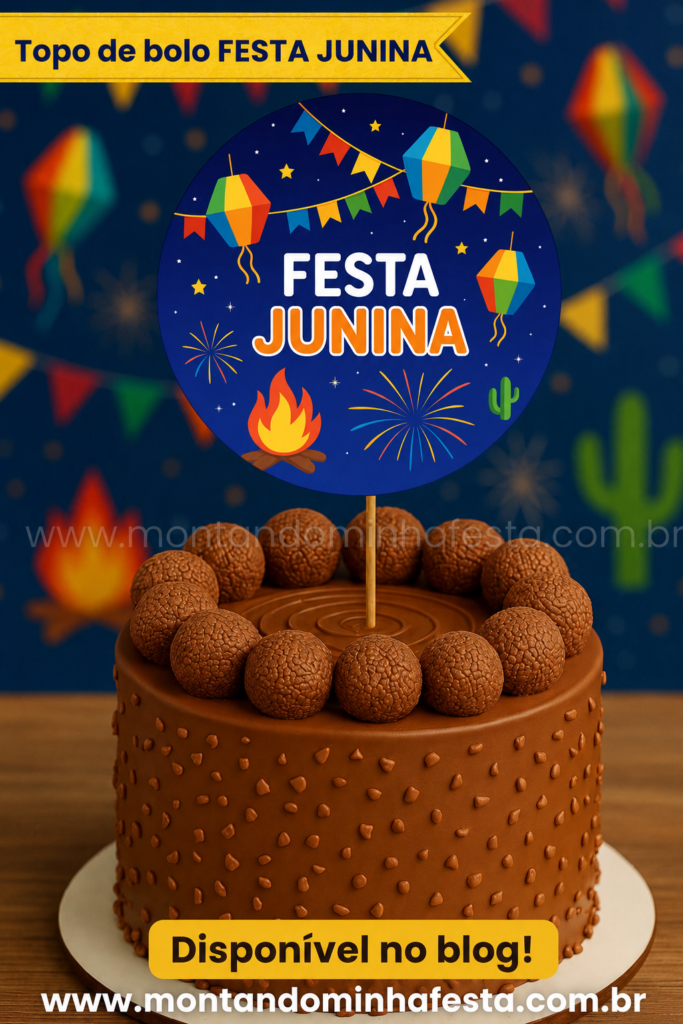 Topo de bolo Festa Junina disponível no blog Montando Minha Festa com topper redondo colorido, lanternas juninas, fogueira, bandeirinhas e bolo de chocolate decorado em cenário típico junino.