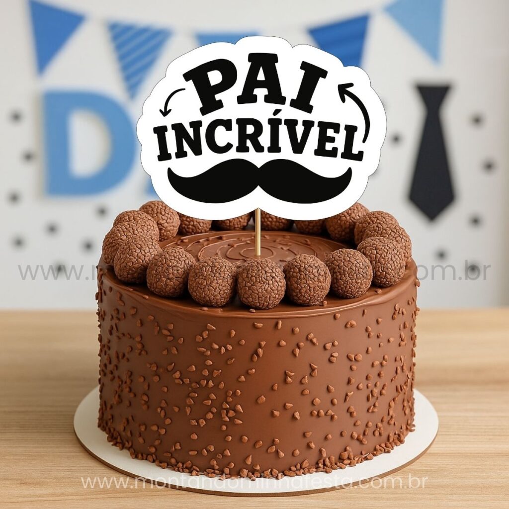 Topo de bolo com a frase “Pai incrível”, design clássico em preto e branco.