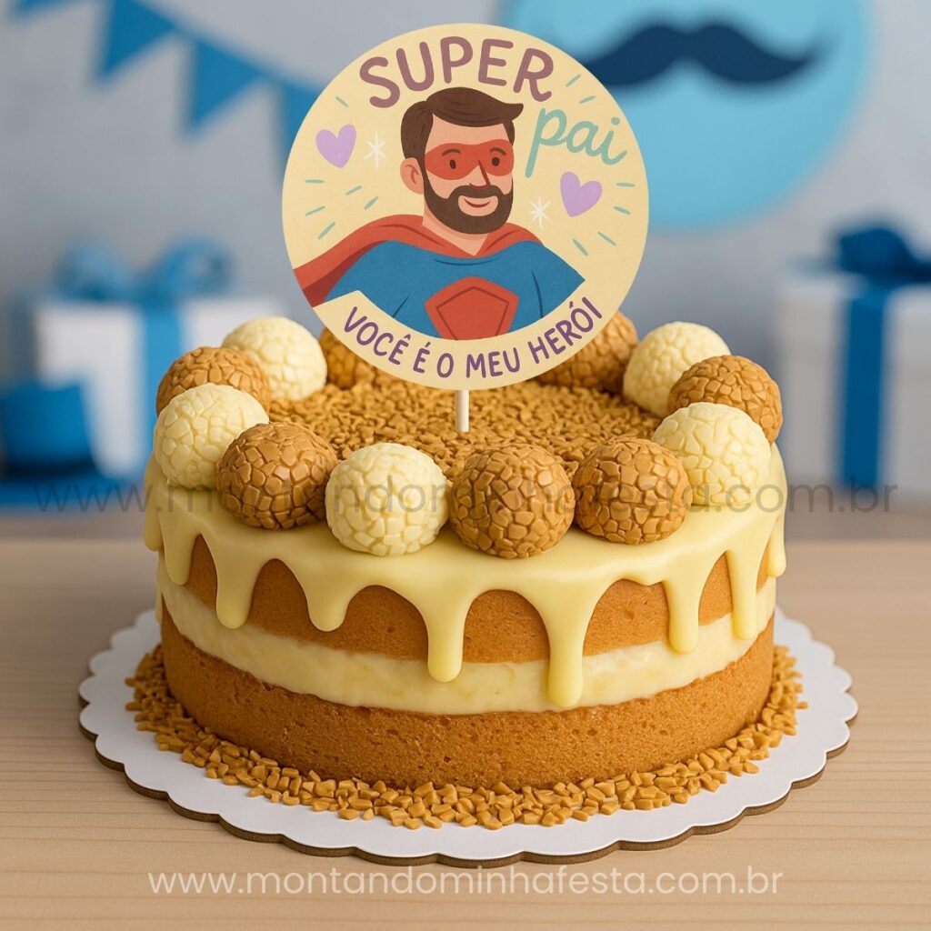 Bolo decorado com topo Super pai, você é o meu herói, dia dos pais para imprimir