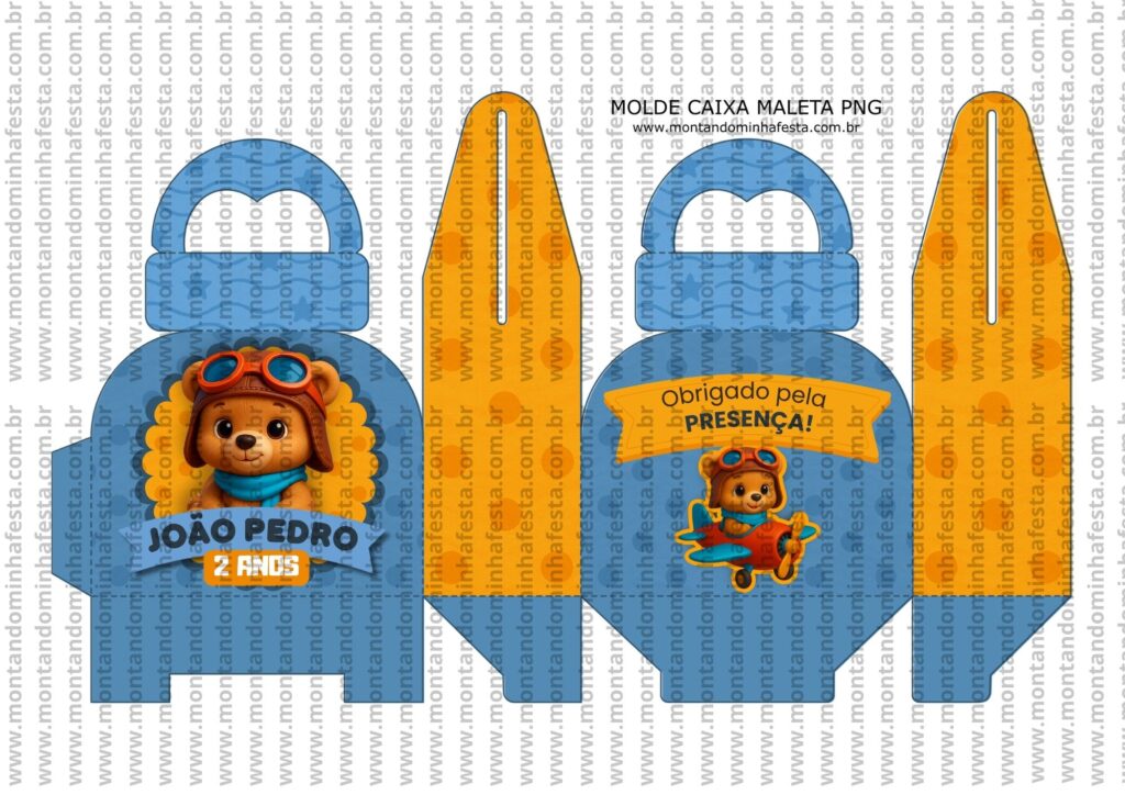 Amostra de molde caixa maleta personalizada com tema urso aviador, ideal para lembrancinhas de festa infantil, criada por Montando Minha Festa.