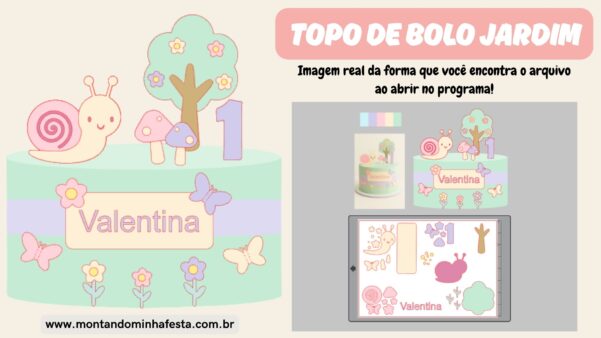 Visual do arquivo de corte topo de bolo tema jardim, com elementos em camadas e cores separadas para Silhouette. Imagem mostra a prévia real do projeto ao abrir no programa de corte.