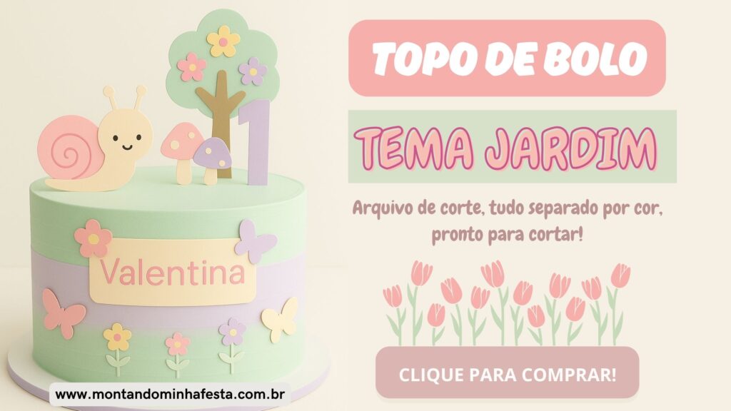 Banner do produto topo de bolo tema jardim com recortes de papel em formato de caracol, árvore com flores, cogumelos e borboletas, em cores pastel. Arquivo de corte editável para Silhouette, disponível no site Montando Minha Festa.