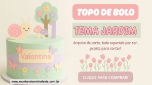 Banner do produto topo de bolo tema jardim com recortes de papel em formato de caracol, árvore com flores, cogumelos e borboletas, em cores pastel. Arquivo de corte editável para Silhouette, disponível no site Montando Minha Festa.