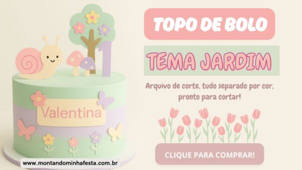 Banner do produto topo de bolo tema jardim com recortes de papel em formato de caracol, árvore com flores, cogumelos e borboletas, em cores pastel. Arquivo de corte editável para Silhouette, disponível no site Montando Minha Festa.