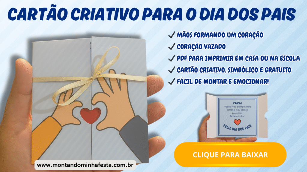 Banner com cartão criativo para o Dia dos Pais com mãos formando coração e coração vazado – molde em PDF gratuito para imprimir em casa ou na escola