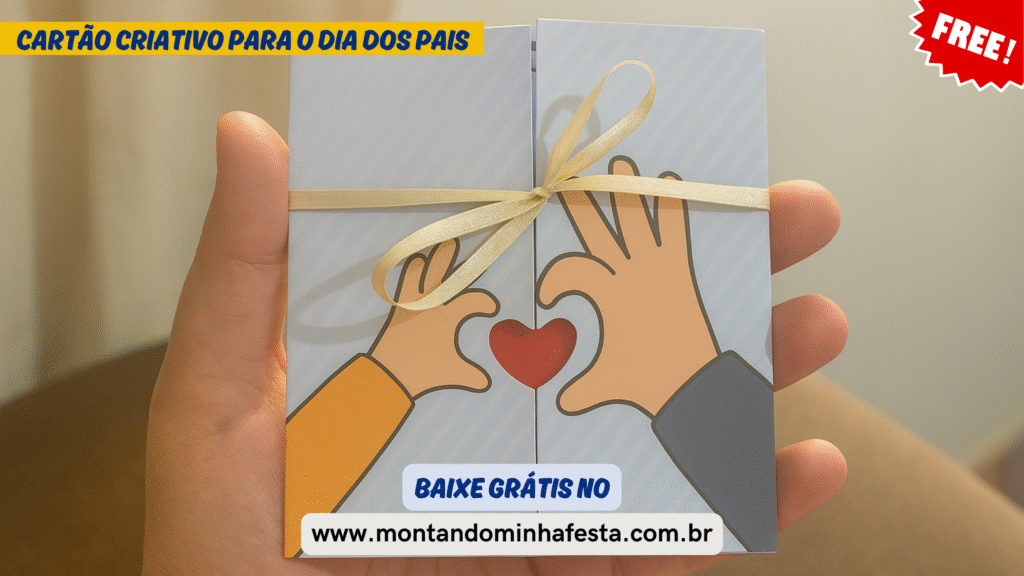 Cartão criativo para o Dia dos Pais com laço, mãos formando coração e recorte vazado com detalhe vermelho – molde grátis em PDF para imprimir