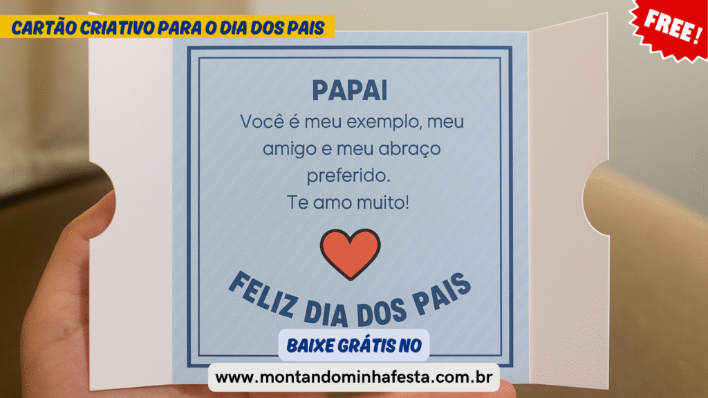 Cartão criativo para o Dia dos Pais aberto com mensagem pronta e coração vermelho – molde gratuito em PDF para imprimir em casa ou na escola