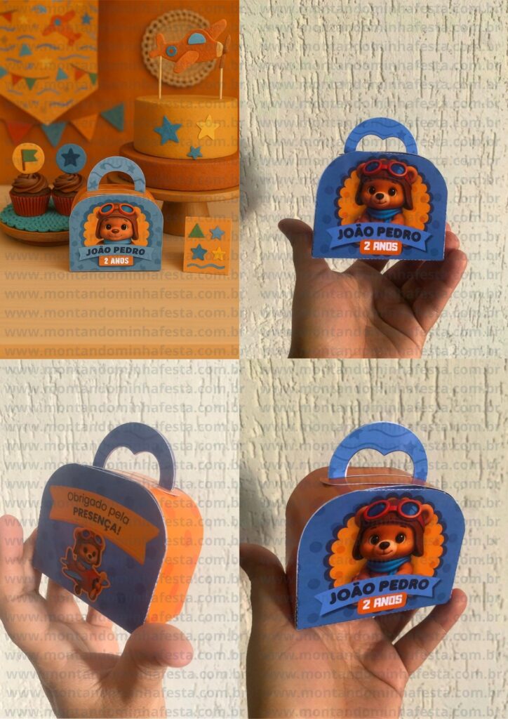 Fotos da caixa maleta personalizada com tema urso aviador montada e pronta, ideal para lembrancinha de aniversário infantil, com detalhes em azul e laranja.