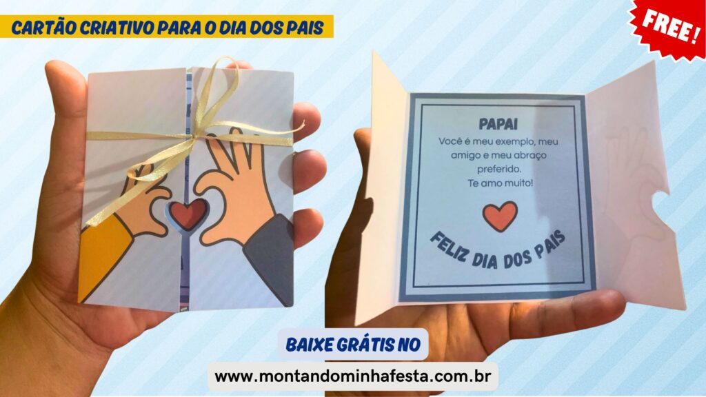 Foto real de cartão criativo para o Dia dos Pais com mãos formando coração, coração vazado e mensagem pronta – molde gratuito em PDF para imprimir