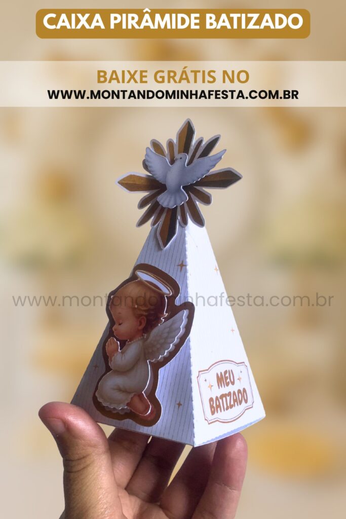 Caixa pirâmide batizado com anjinho e Espírito Santo, feita em papel para lembrancinha personalizada. Arquivo gratuito disponível para download no blog Montando Minha Festa.