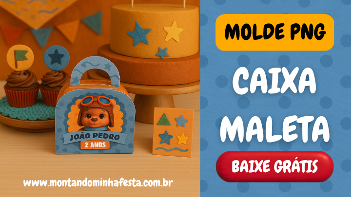 Banner promocional do molde PNG de caixa maleta para lembrancinha de festa infantil com botão “baixe grátis” e tema urso aviador.