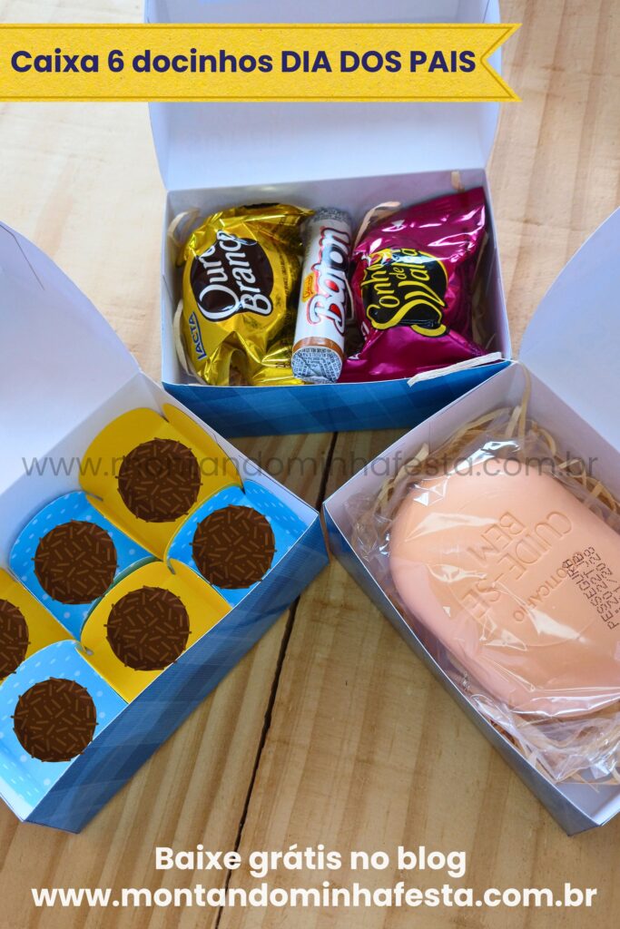 Sugestão do que colocar na caixinha Dia dos Pais: doces, sabonete e brigadeiros. Lembrancinha com molde gratuito para imprimir do blog Montando Minha Festa