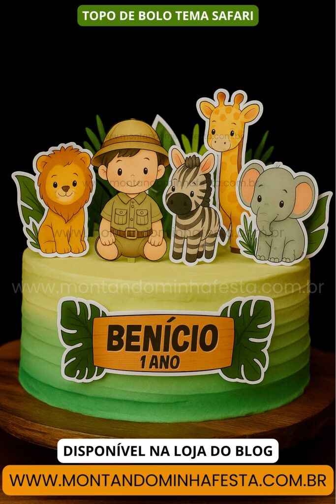 Bolo safari com topper de papel personalizado para aniversário de 1 ano, com leão, menino explorador, zebra, girafa e elefante