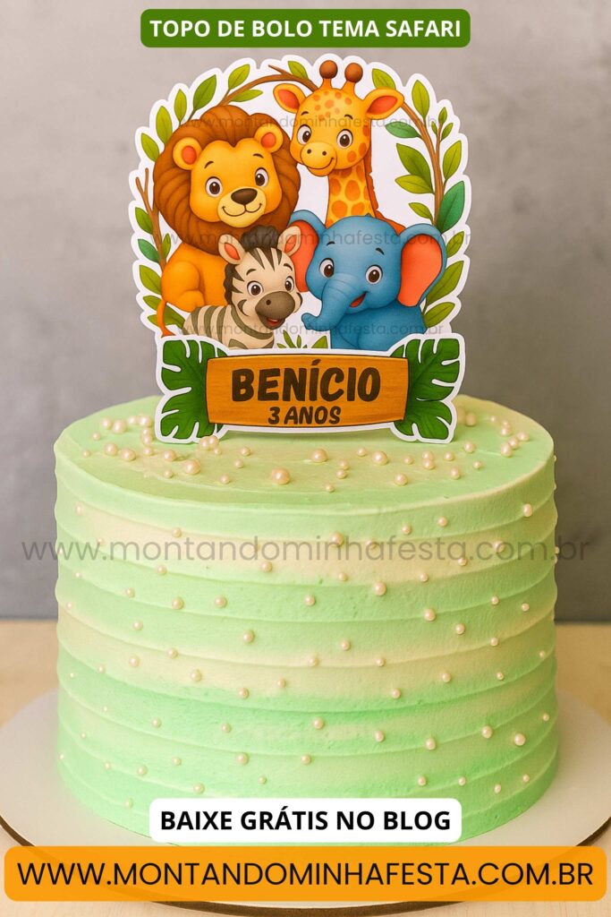 Bolo decorado com topo de bolo Safari com animais e nome personalizado Benício 3 anos