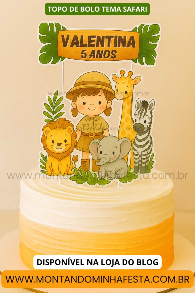 Topo de bolo safari com menina exploradora e animais, personalizado com nome Valentina e 5 anos, ideal para decoração de aniversário infantil