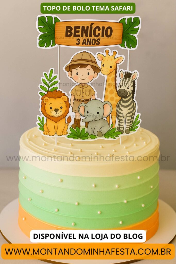 Topo de bolo safari com menino explorador e animais, modelo exclusivo da loja, decorando bolo com chantilly branco, verde e laranja