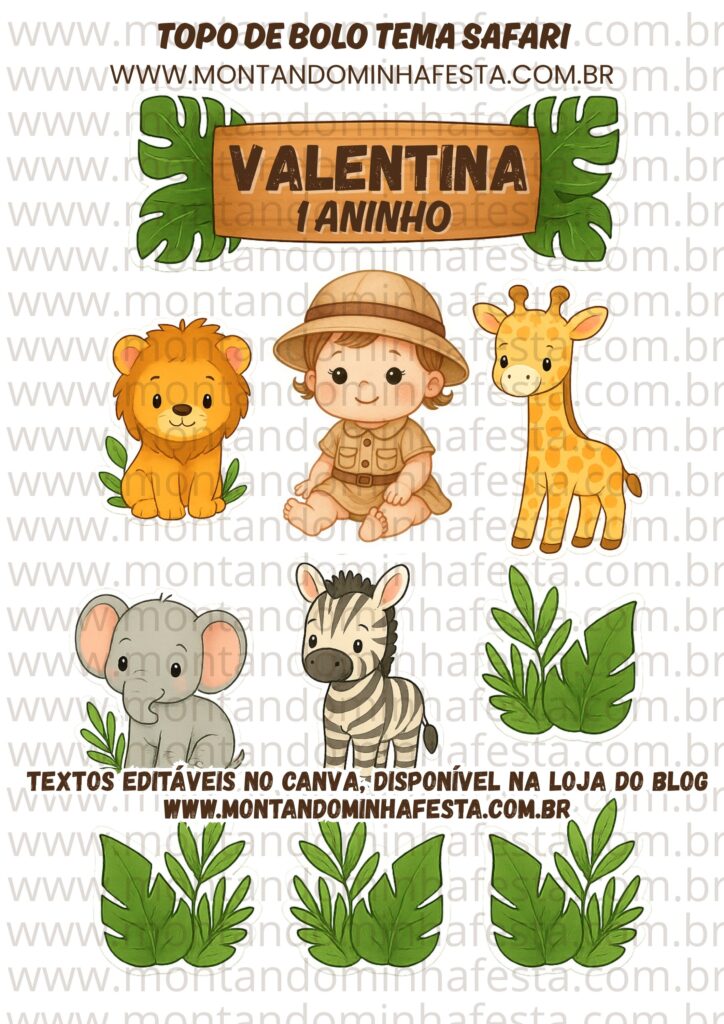 Topo de bolo Safari com bebê menina e animais da selva para imprimir, ideal para festa infantil com tema safari