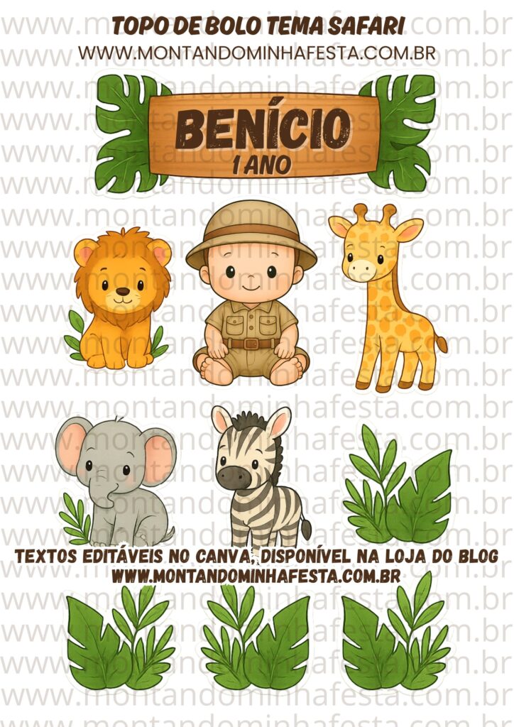 Topo de bolo Safari com bebê menino e animais da selva em estilo fofo, com elementos decorativos de folhas tropicais