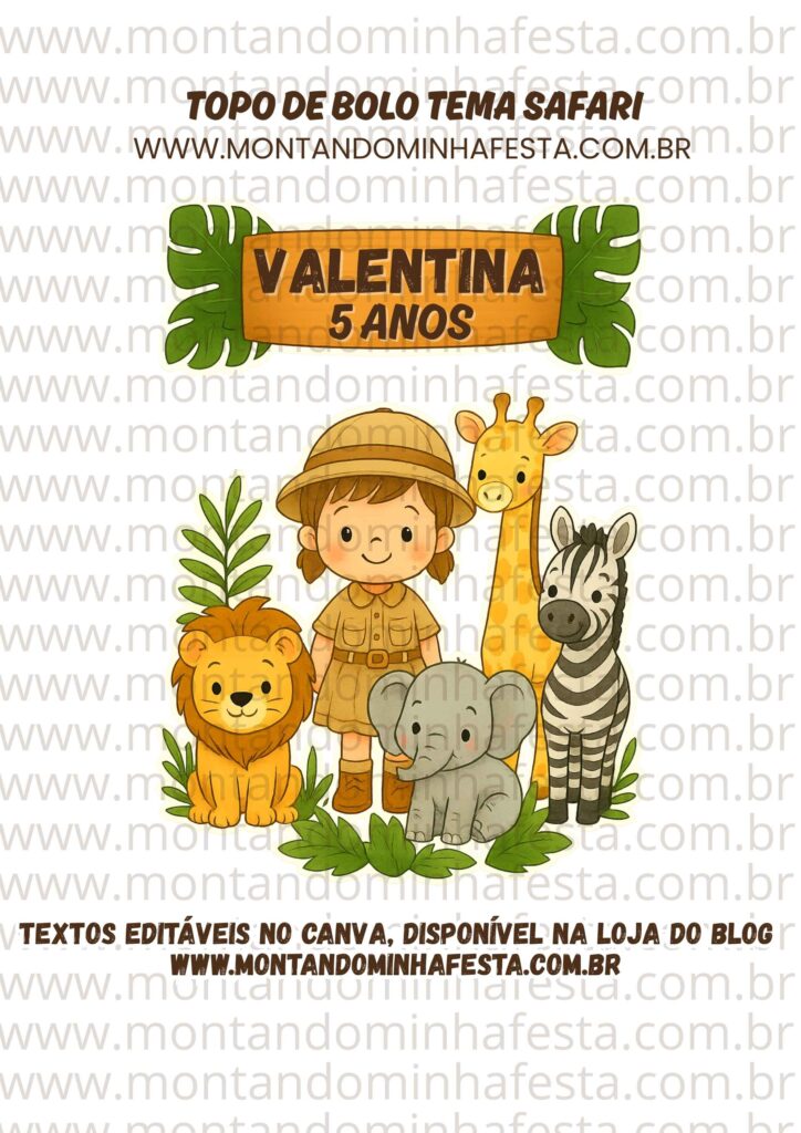 Topo de bolo Safari com menina e animais fofos da selva para festa infantil, com nome e idade personalizáveis