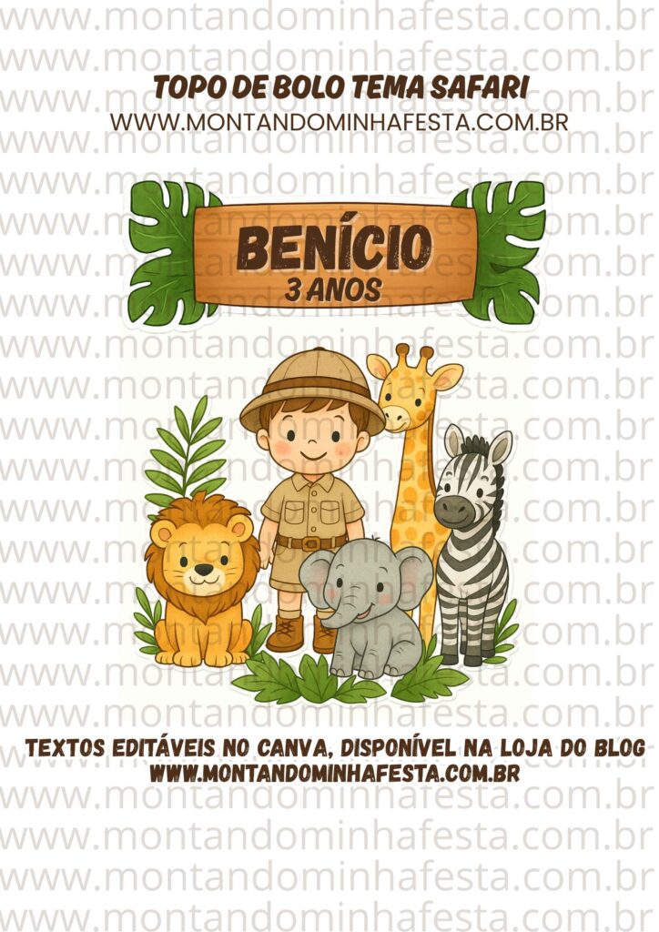 Topo de bolo Safari com menino e animais da selva, ideal para festas infantis, disponível para imprimir com nome personalizado