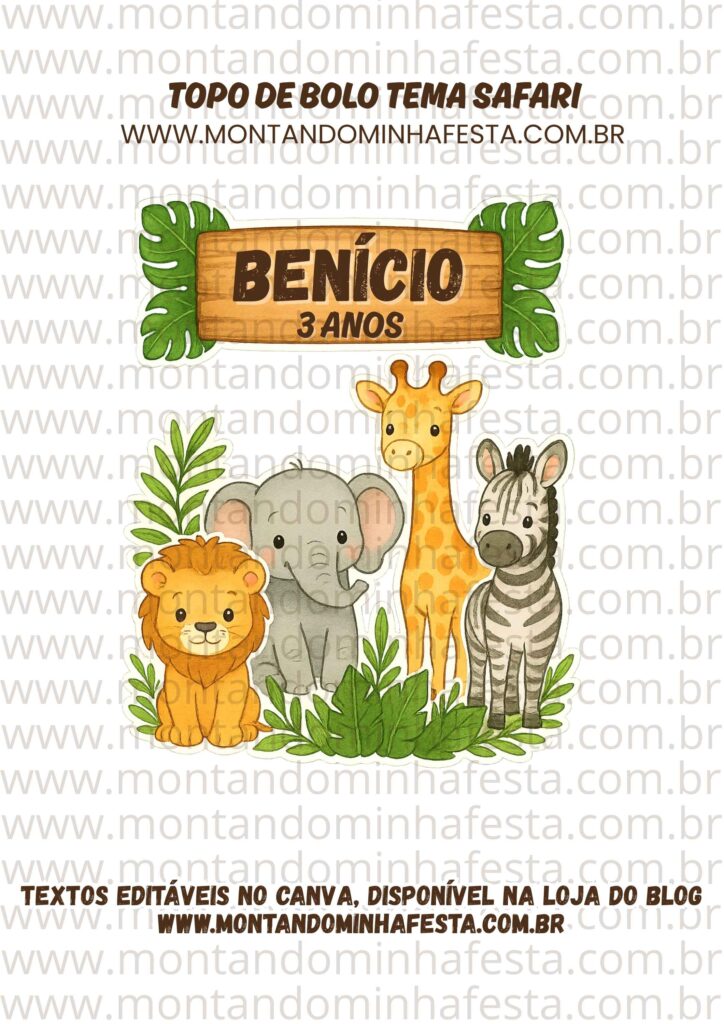 Topo de bolo Safari com animais para menino ou menina, modelo em papel com nome personalizado, ideal para imprimir e usar em festas infantis