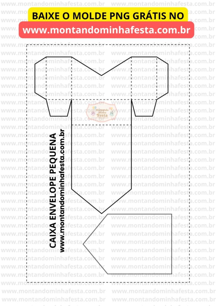 Amostra do molde caixa envelope pequena em PNG para lembrancinhas, com linhas de recorte e dobra, ideal para imprimir em folha A4 – Montando Minha Festa.