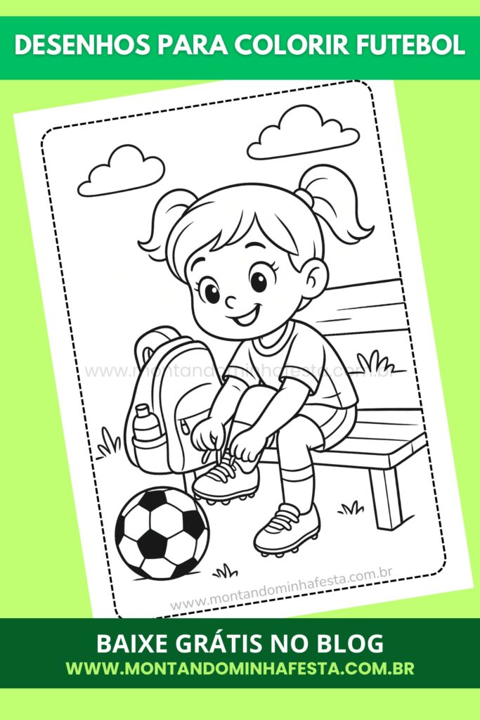 Menina amarrando chuteira sentada no banco com bola de futebol – desenho para colorir tema futebol