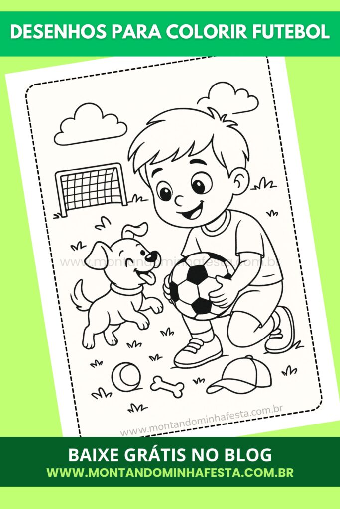 Menino brincando com bola de futebol e cachorro – desenho para colorir com tema esportivo e divertido