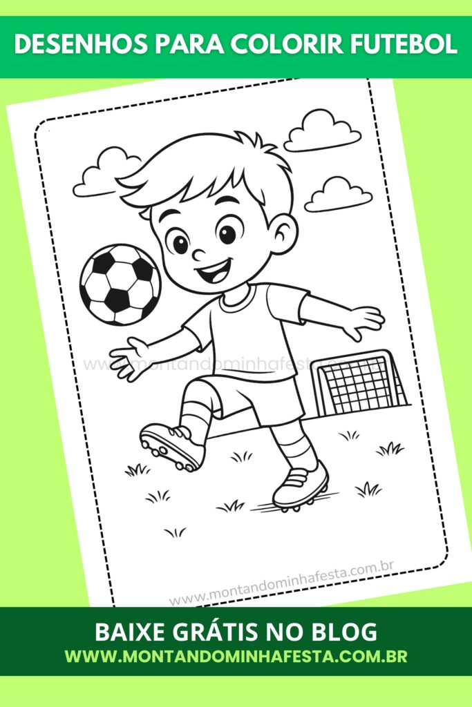Menino segurando bola de futebol com gol ao fundo – desenho infantil para colorir sobre futebol