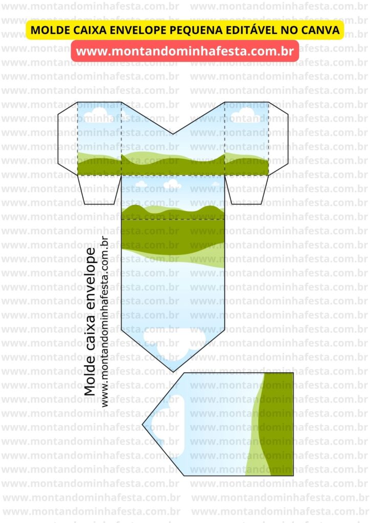 Molde Caixa Envelope Pequena editável no Canva, com estampa de céu e colinas verdes. Imagem do molde aberto com indicação de que é personalizável, do site Montando Minha Festa.
