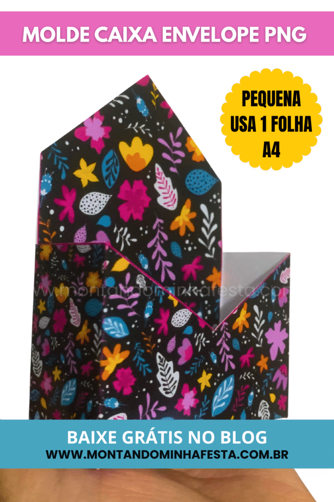 Molde caixa envelope pequena em PNG já montada com estampa floral vibrante, feita com 1 folha A4 – ideal para lembrancinhas personalizadas, disponível gratuitamente no blog Montando Minha Festa.