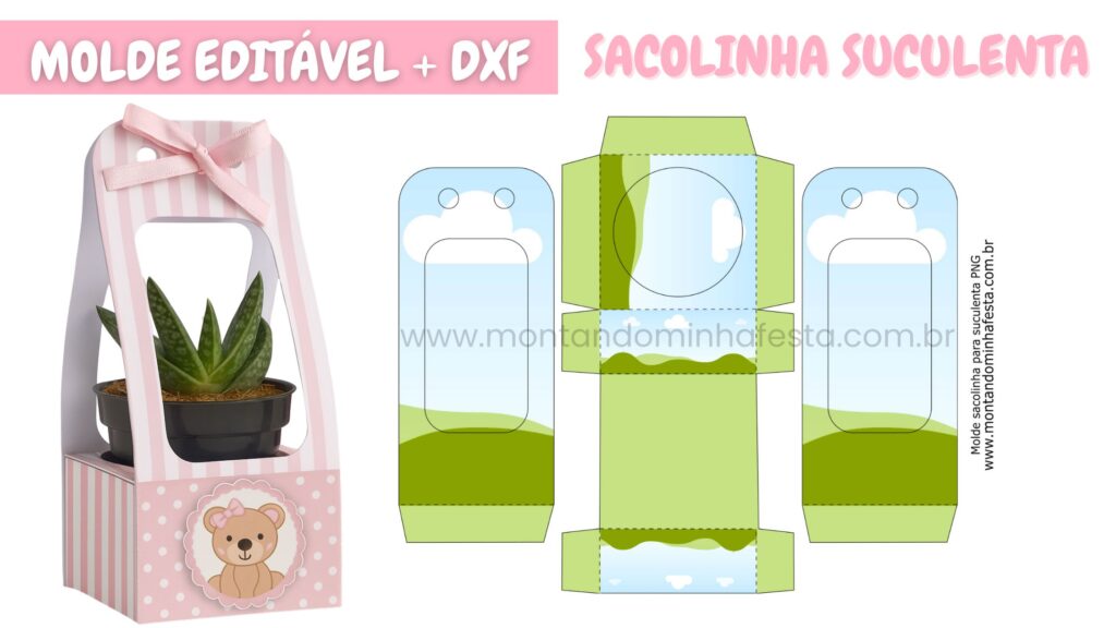 Molde editável em Canva e DXF de sacolinha para suculenta – lembrancinha personalizada com vasinho e arte para impressão ou corte, ideal para festas e maternidade.