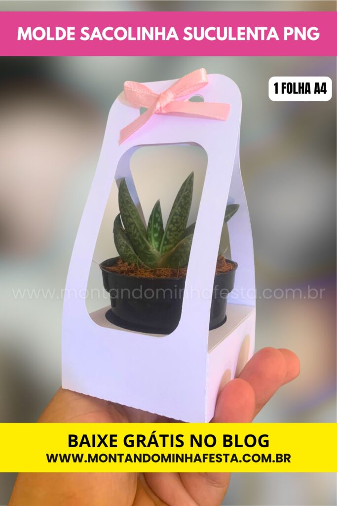 Molde sacolinha para suculenta PNG grátis para imprimir – lembrancinha com vasinho, disponível em 1 folha A4 – Montando Minha Festa