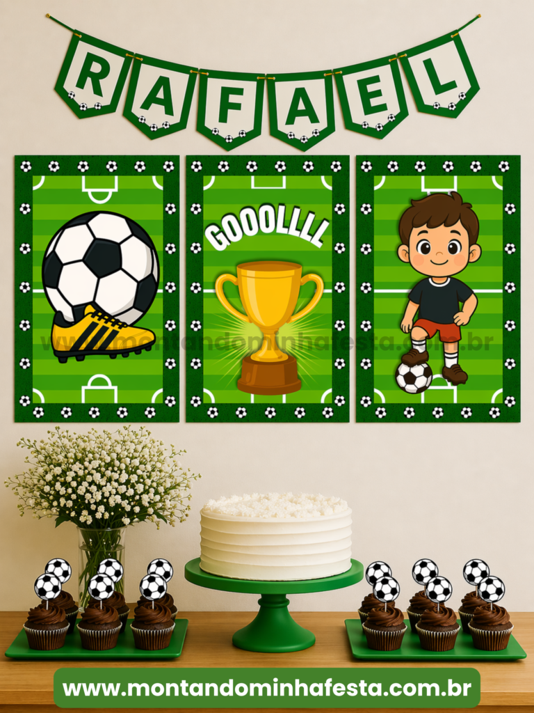 Painel festa tema futebol personalizado com nome Rafael, decoração simples com bandeirola, bolo e cupcakes para aniversário infantil