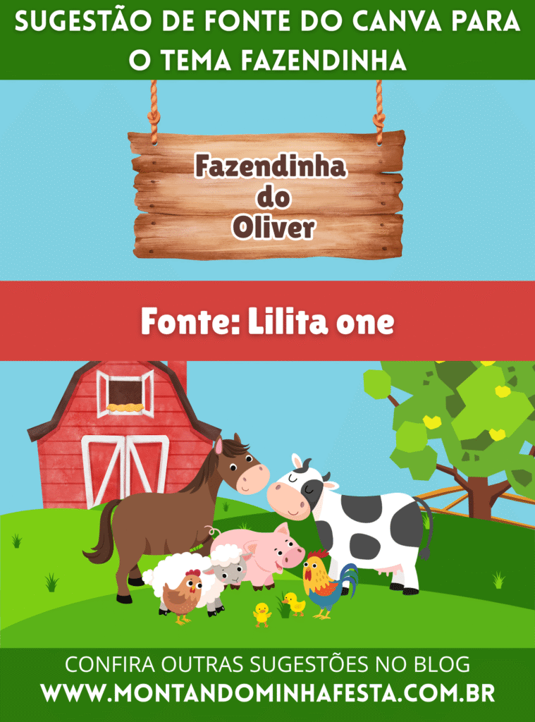 Sugestão de fonte do Canva para o tema Fazendinha com o nome “Fazendinha do Oliver” escrito na fonte Norwester sobre uma placa de madeira, com ilustração de celeiro vermelho e animais da fazenda ao fundo.