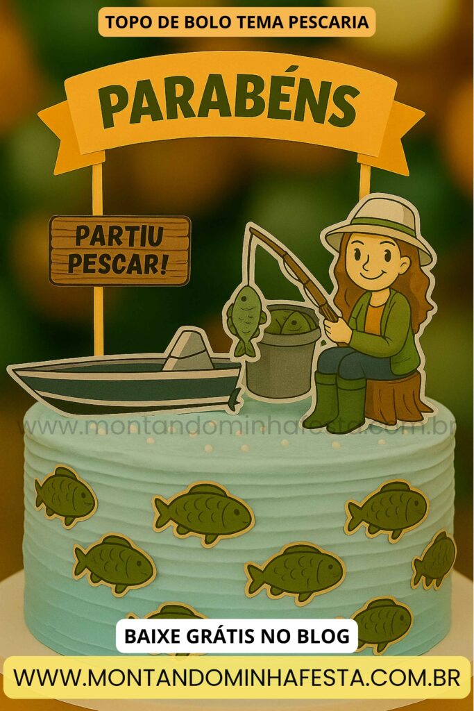 Topo de bolo tema pescaria com mulher pescadora, barco com motor, balde de peixes e plaquinha “Partiu Pescar!” – modelo adulto para imprimir grátis