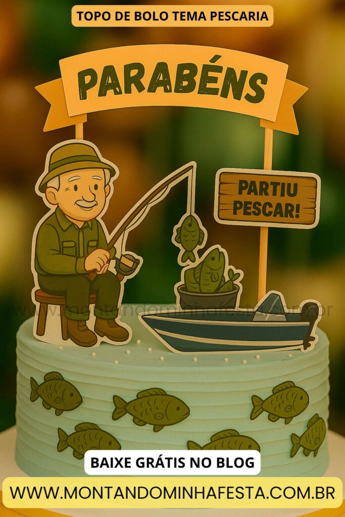 Topo de bolo com tema pescaria, com senhor pescador e enfeites em papel para imprimir