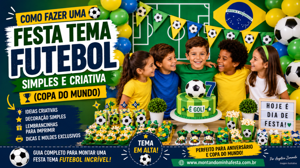 Festa infantil tema futebol com cinco crianças, bolo decorado com bola, lembrancinhas e balões em verde, amarelo e azul.