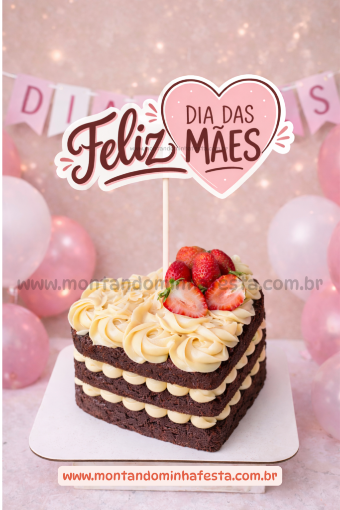 Topo de bolo Dia das Mães com coração e a frase “Feliz Dia das Mães” em bolo de chocolate em formato de coração decorado com morangos