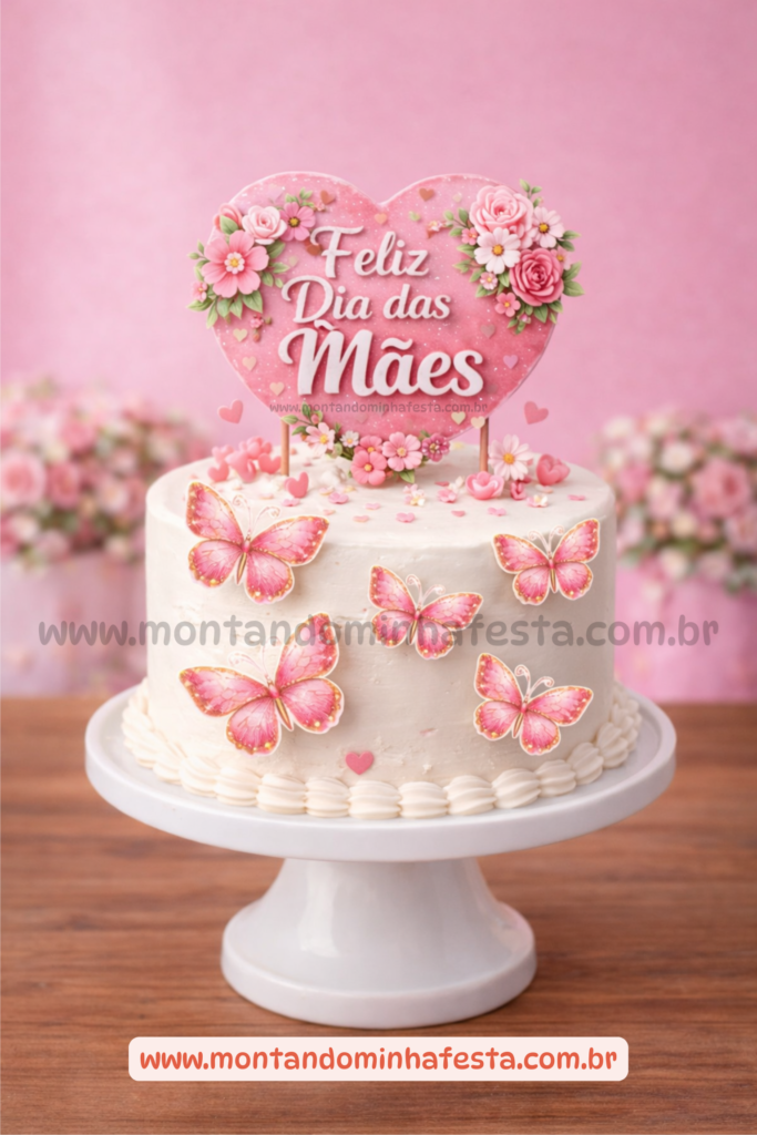 Bolo de Dia das Mães decorado com borboletas em tons de rosa e topo delicado com flores