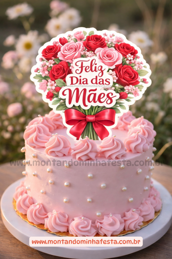 Bolo rosa decorado com pérolas e topo de buquê de rosas vermelhas e rosas para o Dia das Mães.