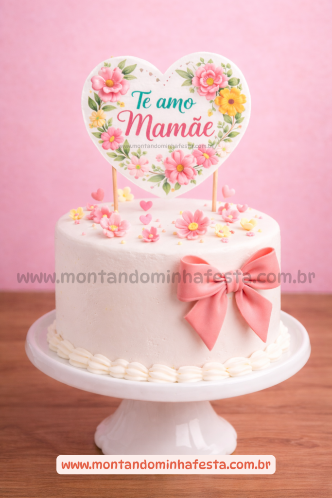 Topo de bolo Dia das Mães com coração floral e frase “Te amo mamãe” em bolo decorado com laço rosa e detalhes delicados