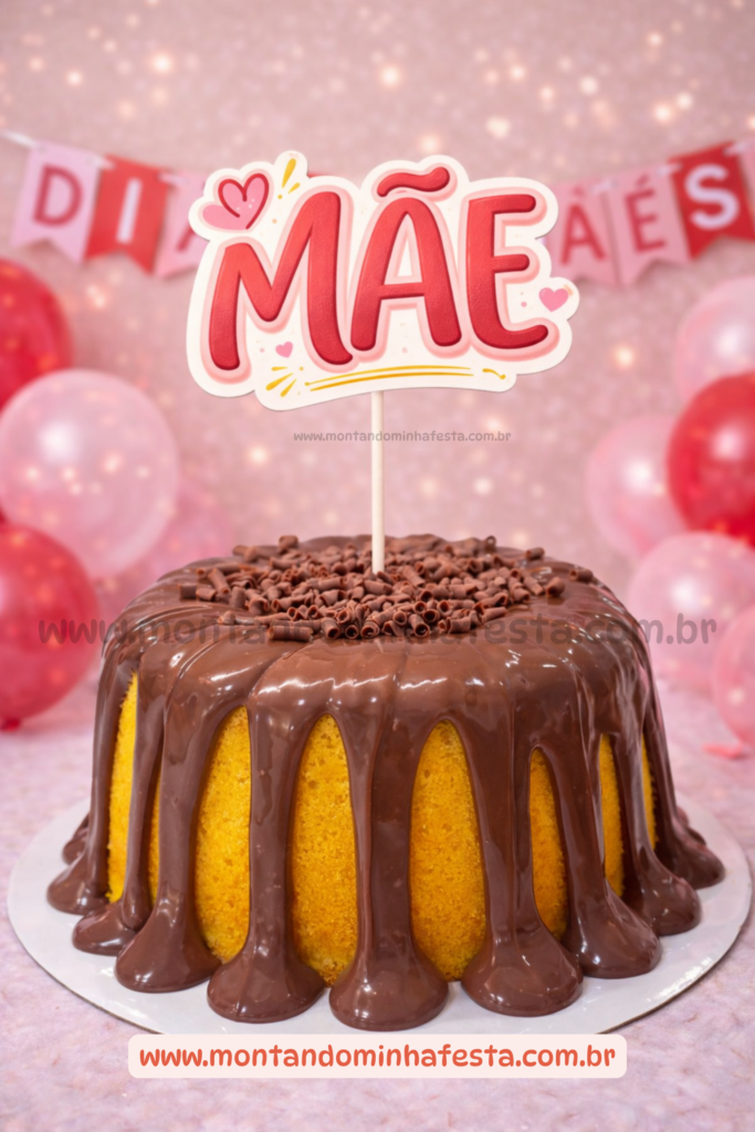 Topo de bolo Dia das Mães com a palavra “Mãe” em vermelho sobre bolo de chocolate com cobertura e granulado, decoração com balões ao fundo