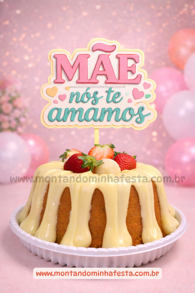 Bolo caseiro estilo bundt com cobertura branca escorrendo, decorado com morangos e topo “Mãe nós te amamos”, em cenário de Dia das Mães com balões rosas e bandeirolas.